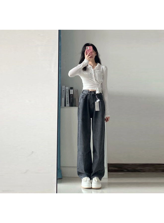 Private Brand جينز نسائي سميك مبطن بالفليس عالي الخصر بتصميم كوري عتيق فضفاض، بنطلونات طويلة مستقيمة وواسعة متعددة الاستخدامات وعصرية - Image 5