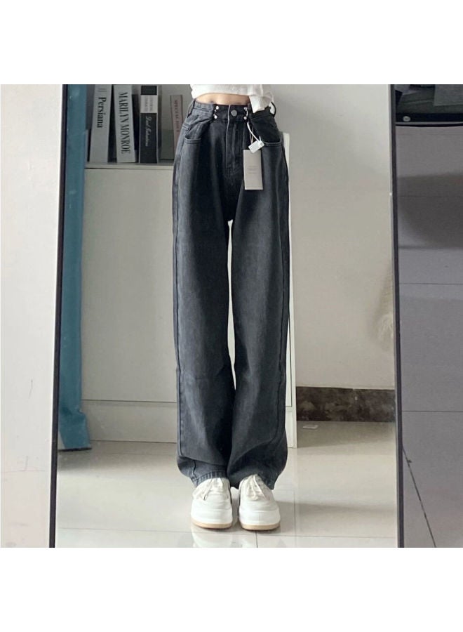 Private Brand جينز نسائي سميك مبطن بالفليس عالي الخصر بتصميم كوري عتيق فضفاض، بنطلونات طويلة مستقيمة وواسعة متعددة الاستخدامات وعصرية - Image 1