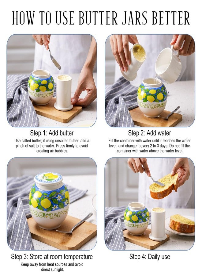 SiliFine Butter Crock Ceramic Butter Dish French Keeper with Lid and Scraper Italian Lemon White and Blue Porcelain Pattern Countertop Storage Container for Housewarming Gift Kitchen Accessory - Image 4