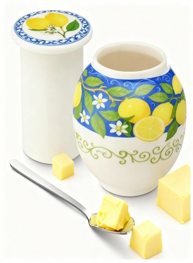 SiliFine Butter Crock Ceramic Butter Dish French Keeper with Lid and Scraper Italian Lemon White and Blue Porcelain Pattern Countertop Storage Container for Housewarming Gift Kitchen Accessory - Image 1