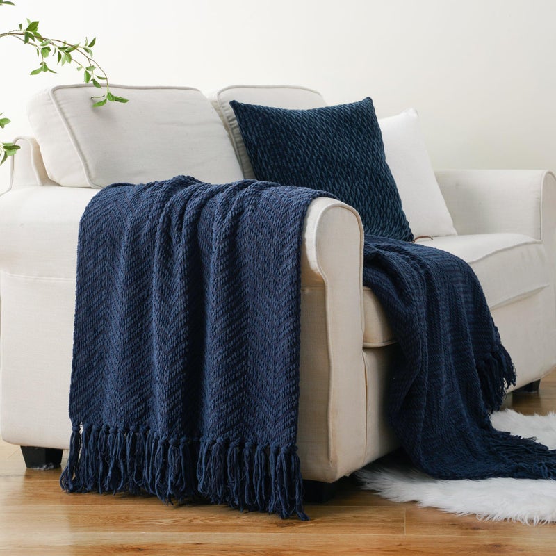 BATTILO HOME Navy Blue Throw Blanket for Couch, Knitted Blue Blanket Throw 50'' x 60'', Super Soft Warm Navy Throws for Chair Sofa Home Decor - Image 3
