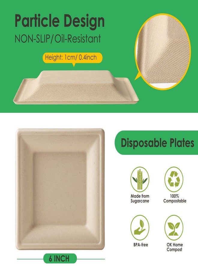 Gezond 100 Pack Compostable Square Plates 6 Inch Disposable Paper Plates Sugarcane Cake Plates for Party Unbleached Eco-friendly Salad Plates Biodegradable - Image 2