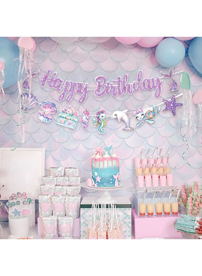 SYOSI Mermaid Birthday Banner, Sea Birthday Party Decorations, Ocean Themed Party Decor with Shells, Whales & Sea Creatures for Beach Parties, Complete Mermaid Decorations Kit for Girls (Purple) - Image 3