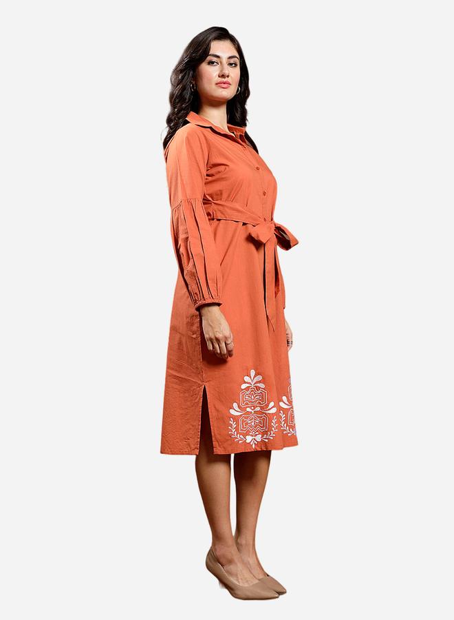 Athena Orange Embroidered Waist-Tie Midi Dress - Image 3