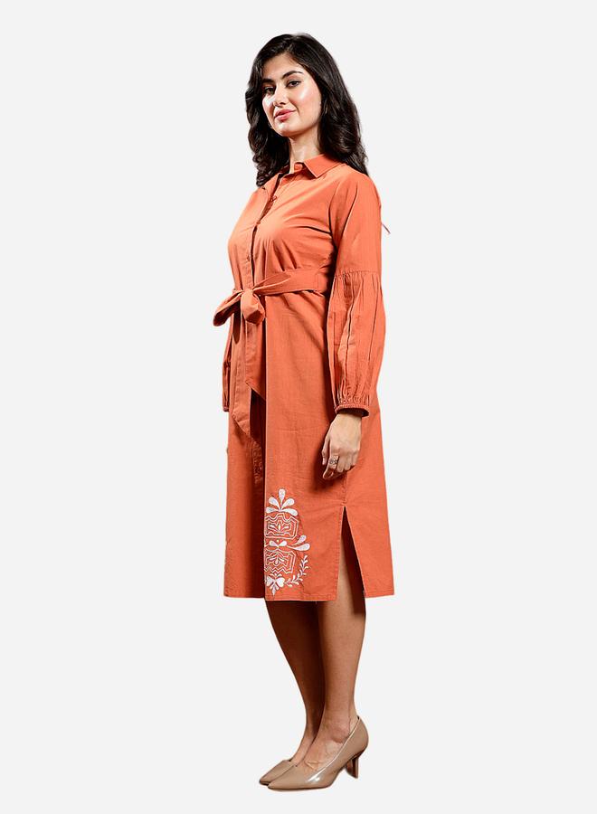 Athena Orange Embroidered Waist-Tie Midi Dress - Image 2