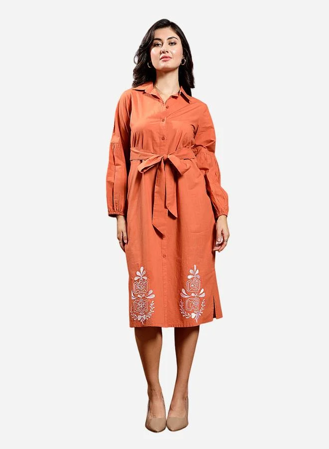 Athena Orange Embroidered Waist-Tie Midi Dress