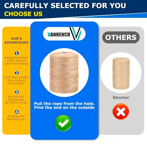 Vanhench Jute Twine Rope 1/13" (2mm) x 1100FT, Natural Jute String Cord for Crafts Gardening Garden Plant Gift Wrapping Rope Arts & Crafts Packing Material Christmas Twine Bulk Halloween Decorations - Image 2