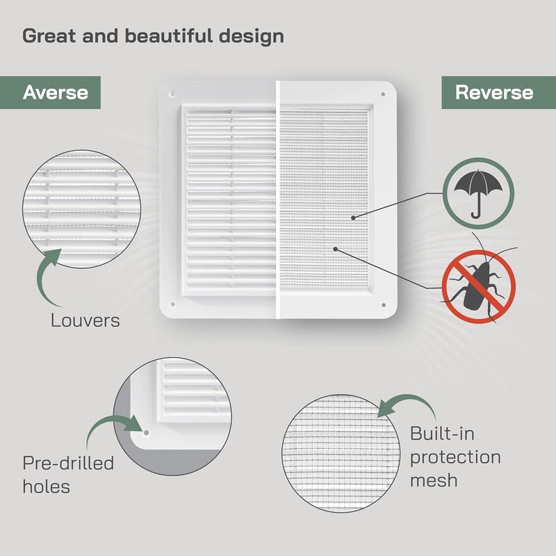 Vent Systems أنظمة التهوية 10 × 10 بوصة غطاء تهوية معدني أبيض متين مع شبك ومصاريع مدمجة تركيب سهل لنظام عودة الهواء وعادم HVAC - Image 3