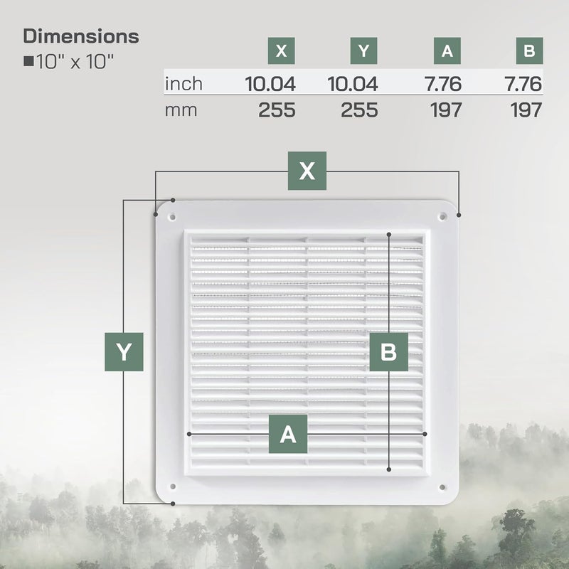 Vent Systems أنظمة التهوية 10 × 10 بوصة غطاء تهوية معدني أبيض متين مع شبك ومصاريع مدمجة تركيب سهل لنظام عودة الهواء وعادم HVAC - Image 2