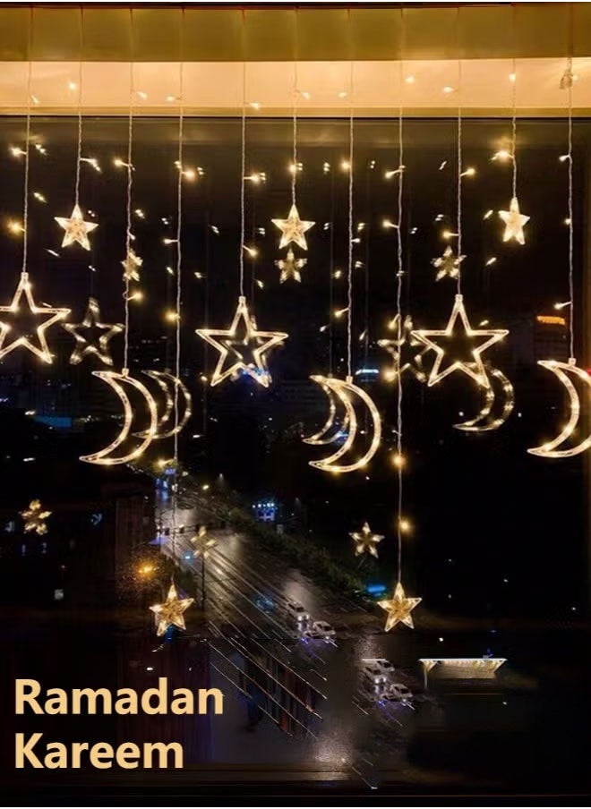 فلاي هسو أضواء ستارة قمرية على شكل نجمة ستارة رمضان لديكور غرفة النوم، 3.5 متر زينة رمضان، أضواء خيطية على شكل نجوم وستارة قمرية على شكل قمرية للعيد، 8 أوضاع وميض أضواء خيطية على شكل نجوم وأضواء زينة على شكل قمر  - Image 1