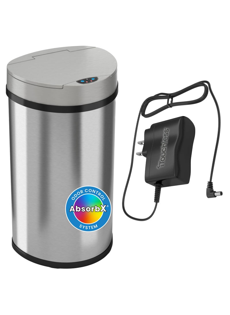 iTouchless iTouchless 13 Gallon SemiRound ExtraWide Opening Sensor Touchless Trash Can with AC Adapter and Odor Control System Stainless Steel Silver Garbage Bin 