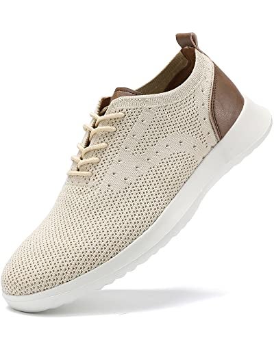 VILOCY Mens Casual Dress Shoes Oxfords Fashion Sneaker Business Comfortable Breathable Mesh Knit Lightweight Walking Office Tennis Shoes Lace up,Beige White EU43 - Image 1