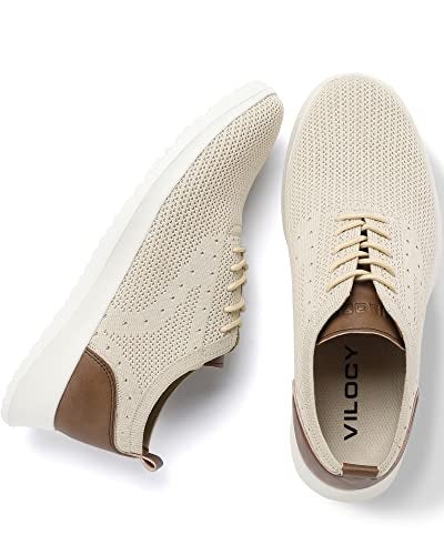 VILOCY Mens Casual Dress Shoes Oxfords Fashion Sneaker Business Comfortable Breathable Mesh Knit Lightweight Walking Office Tennis Shoes Lace up,Beige White EU43 - Image 2
