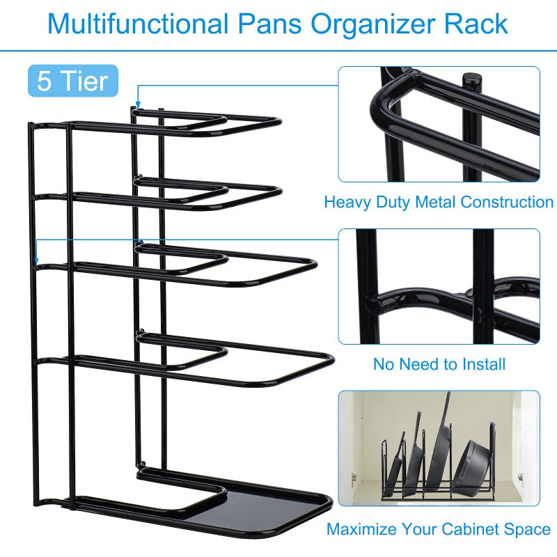 Toplife Heavy Duty Pan Organizer, 5 Tier Pot and Pan Organizer Rack for Cast Iron Skillets, Griddles and Pots - Sturdy Steel Construction- No Assembly Required - Black - Image 4