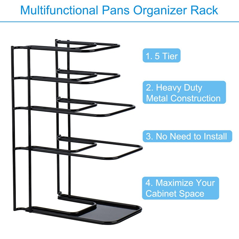 Toplife Heavy Duty Pan Organizer, 5 Tier Pot and Pan Organizer Rack for Cast Iron Skillets, Griddles and Pots - Sturdy Steel Construction- No Assembly Required - Black - Image 3