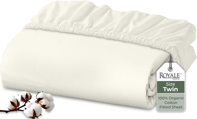 Royale Linens 100% Organic Cotton Fitted Sheet - Percale Weave - Super Soft Deep Pocket Bottom Sheets - Ivory Elastic Sheet Twin Size - Twin Fitted Sheets Only - (39"x75"+15", Ivory) - Image 1