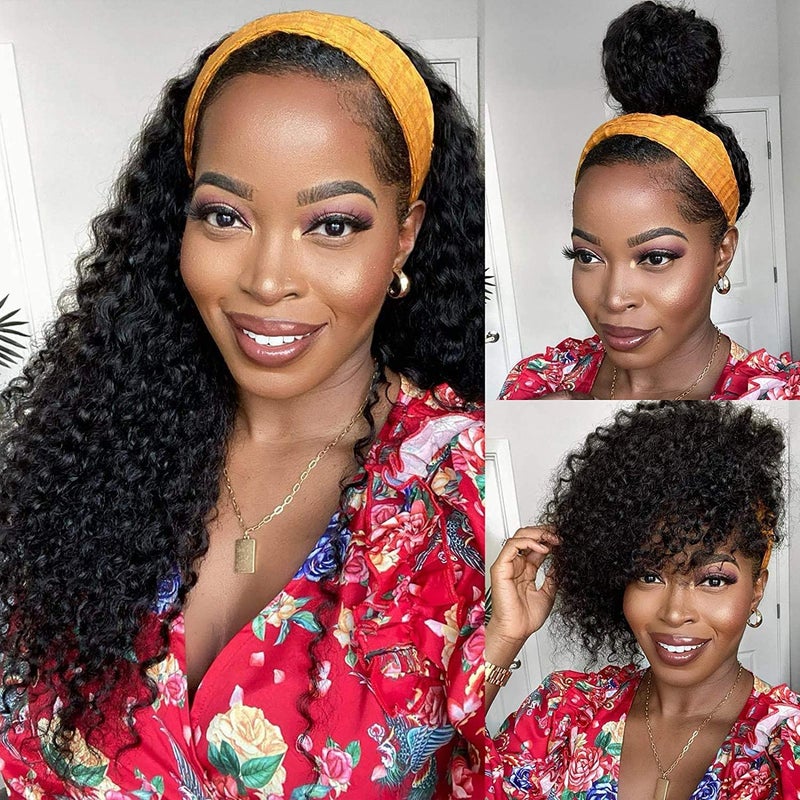 Headband Wig Deep Wave Human Hair Wigs 22 inch Glueless None Lace Front Wigs Machine Made Virgin Curly Human Hair Wigs for Black Women Deep Wave Headband Wig Human Hair Natural Color