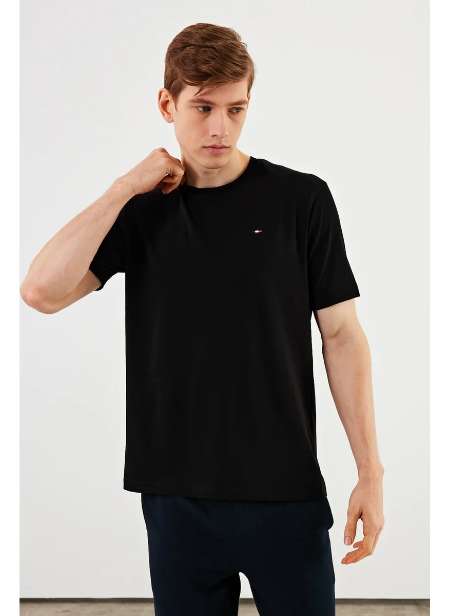 mmetalic Men's Crew Neck T-Shirt 100% Cotton Basic Black T-Shirt with Embroidery Detail MTLCE89