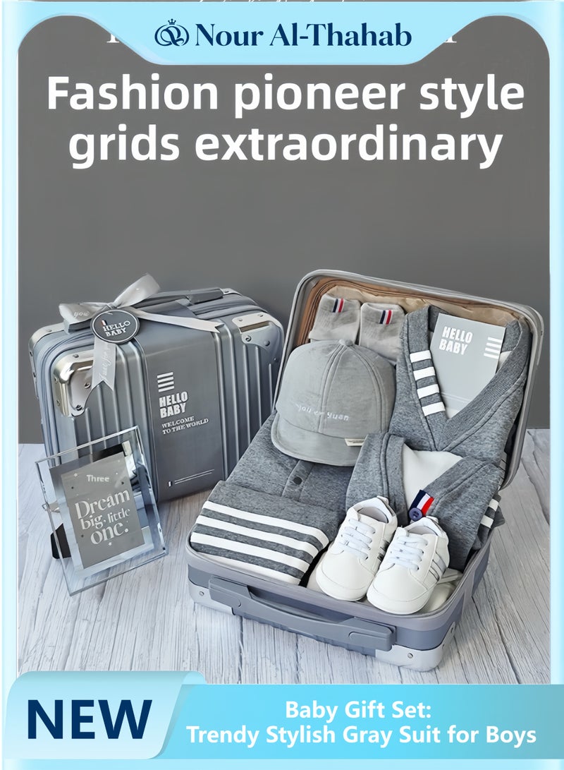 Nour Al-Thahab 8 In 1 Newborn Baby Gift Set, Trendy Stylish Gray Suit, Young Gentlemen, Baby Clothes Accessories, Infant Essential Set with Suitcase for Boys (Exclusive Brand Gift Bag for Nour Al-Thahab) - Image 1