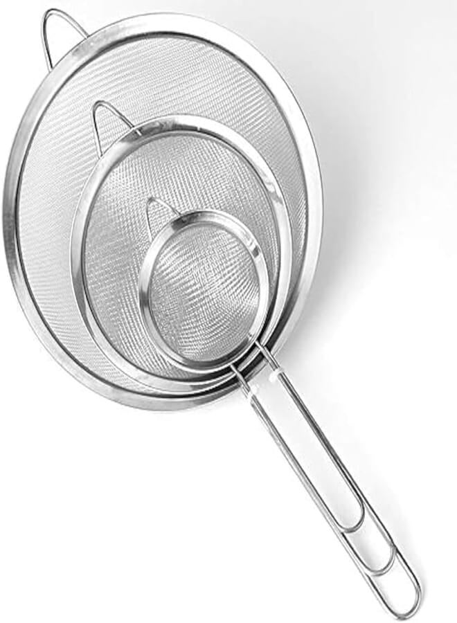 Spaceshoop Stainless Steel Mini Kitchen Strainer Set (3 Pieces, 4-6-8 cm) Conical Colander with Handle - for Food, Liquid, Coffee Juice, Cocktail, Eggs, Vegetables - Prime Shop