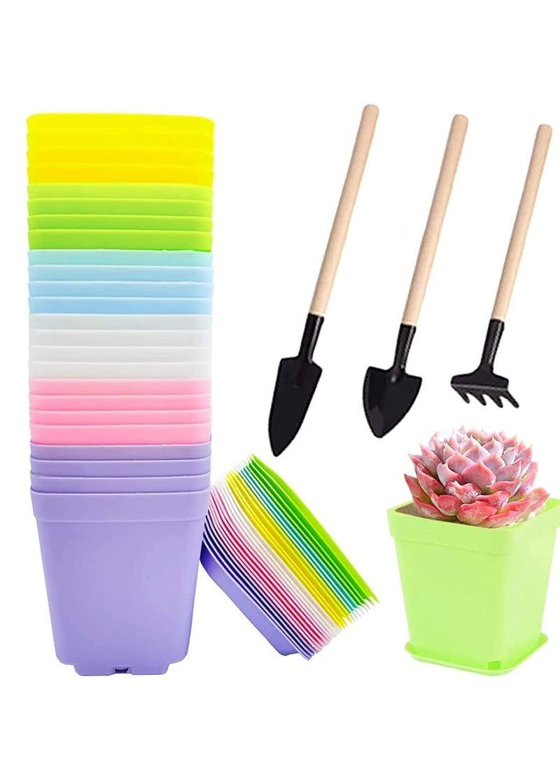 rocooart Plastic Plant Pots, Seedling Nursery with Saucers and 3 Mini Garden Tools, Succulent Planter Container, Room, Office, Balcony Decor, Multicolor 24 Pack 3 Inch - Image 1