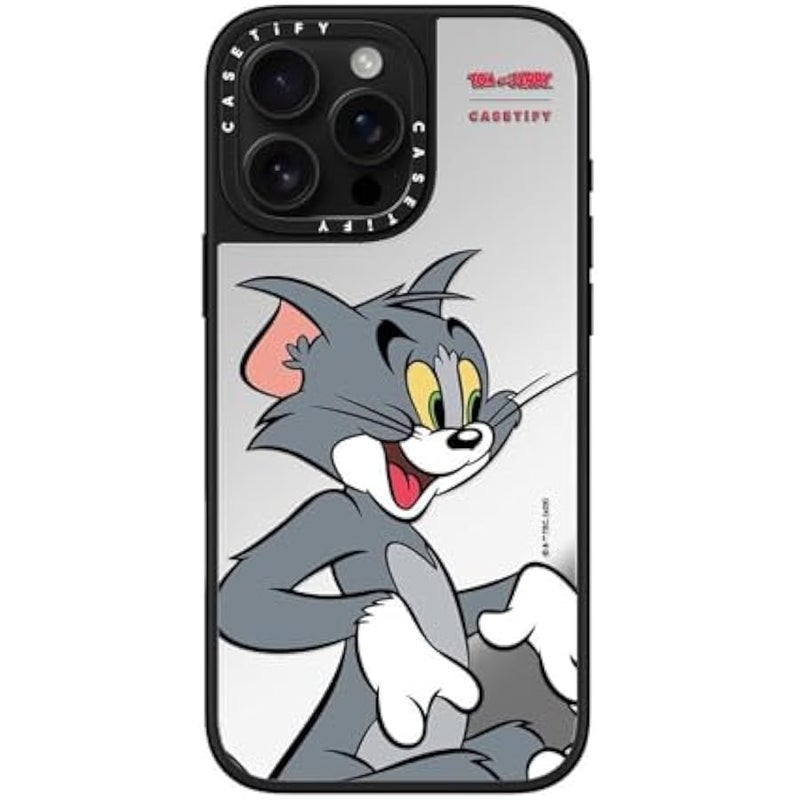 Casetify Mirror Case for iPhone 16 Pro Max 【Tom and Jerry Colab/Reflective / 4.9ft Drop Protection/Compatible with Magsafe】 - Tom Character - Silver on Black - Image 1