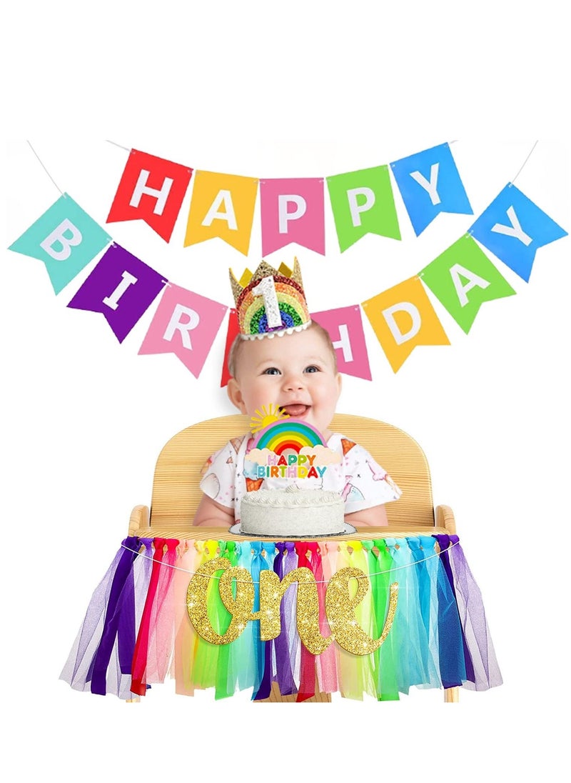 KASTWAVE Rainbow High Chair Banner for 1st Birthday Decoration,  Highchair Tutu Skirt High Chair Decoration with One Pennant Happy Birthday Banner Crown Hat and Cake Topper for Rainbow Birthday, four-piece set  - Image 1