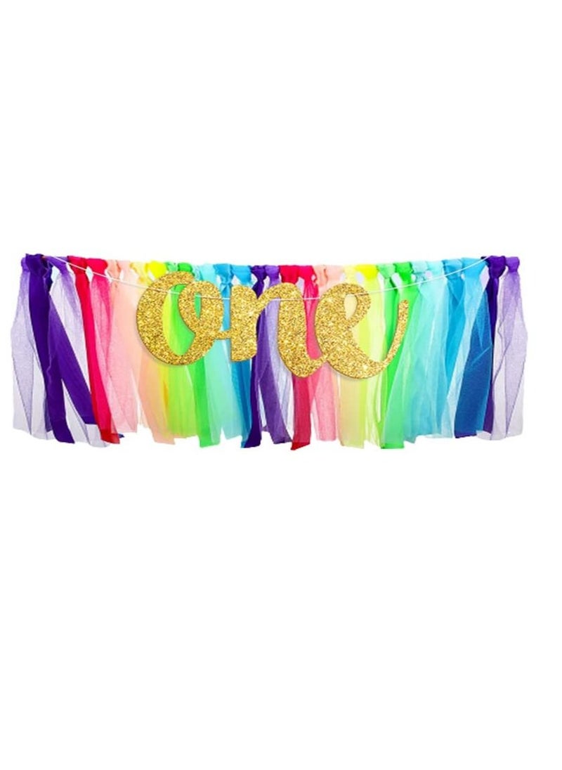 KASTWAVE Rainbow High Chair Banner for 1st Birthday Decoration,  Highchair Tutu Skirt High Chair Decoration with One Pennant Happy Birthday Banner Crown Hat and Cake Topper for Rainbow Birthday, four-piece set  - Image 4