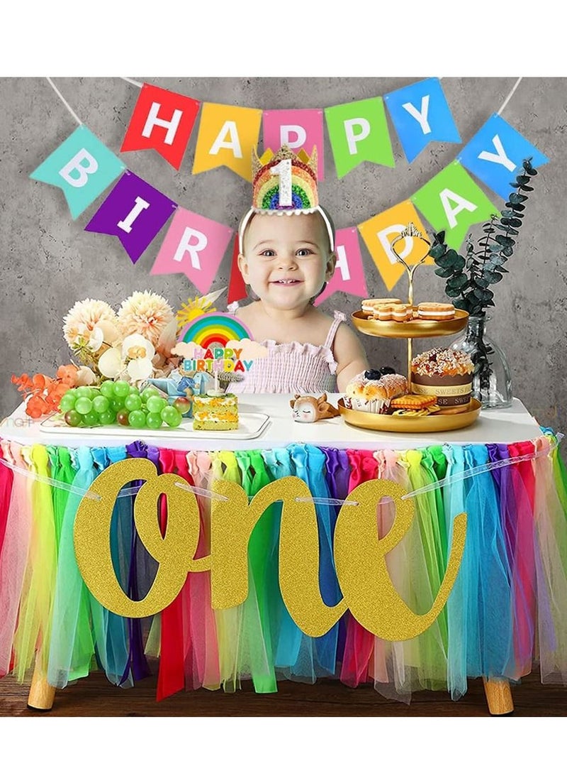 KASTWAVE Rainbow High Chair Banner for 1st Birthday Decoration,  Highchair Tutu Skirt High Chair Decoration with One Pennant Happy Birthday Banner Crown Hat and Cake Topper for Rainbow Birthday, four-piece set  - Image 2