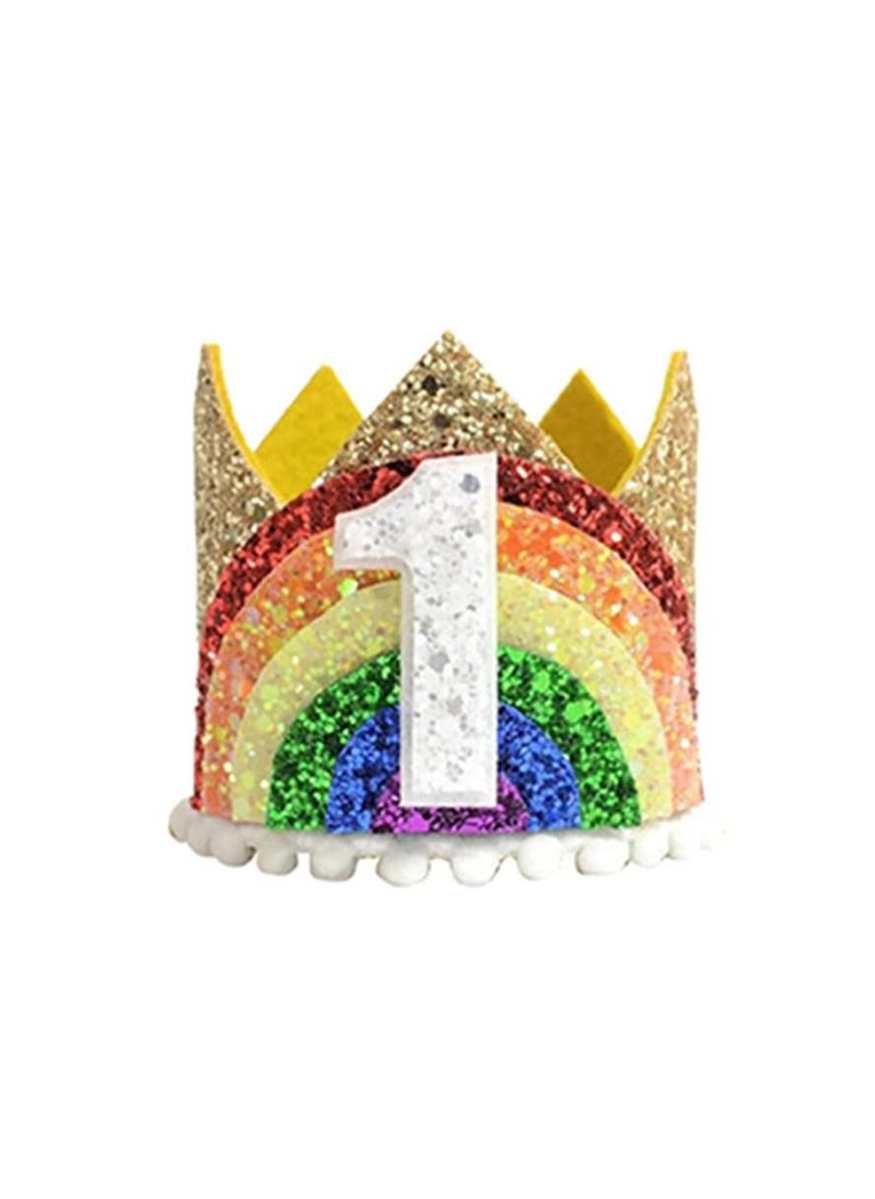 KASTWAVE Rainbow High Chair Banner for 1st Birthday Decoration,  Highchair Tutu Skirt High Chair Decoration with One Pennant Happy Birthday Banner Crown Hat and Cake Topper for Rainbow Birthday, four-piece set  - Image 5
