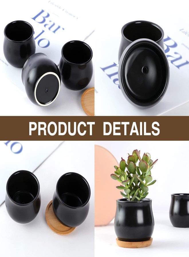 SHECIPIN 8 Pack Succulent Plant Pot, Matte Black Mini 2.6 inch Ceramic Flower Planter Pot with Bamboo Tray, Small Pots for Plants, Plants Not Included - Image 3