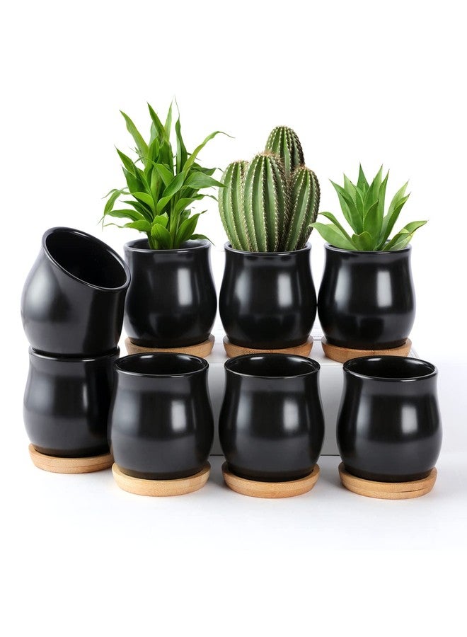 SHECIPIN 8 Pack Succulent Plant Pot, Matte Black Mini 2.6 inch Ceramic Flower Planter Pot with Bamboo Tray, Small Pots for Plants, Plants Not Included - Image 1