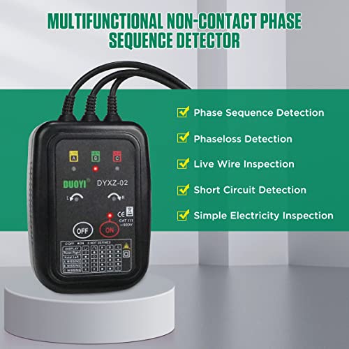 DUOYI 3 Phase Rotation Meter Non Contact Phase Sequence Tester 70V-600V AC Voltage Tester Short Detection, Live Wire Inspection Rotation Meter, with 23.62inch Cable Length,Carrying Bag - Image 3