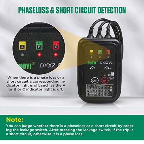 DUOYI 3 Phase Rotation Meter Non Contact Phase Sequence Tester 70V-600V AC Voltage Tester Short Detection, Live Wire Inspection Rotation Meter, with 23.62inch Cable Length,Carrying Bag - Image 5