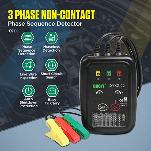 DUOYI 3 Phase Rotation Meter Non Contact Phase Sequence Tester 70V-600V AC Voltage Tester Short Detection, Live Wire Inspection Rotation Meter, with 23.62inch Cable Length,Carrying Bag - Image 2