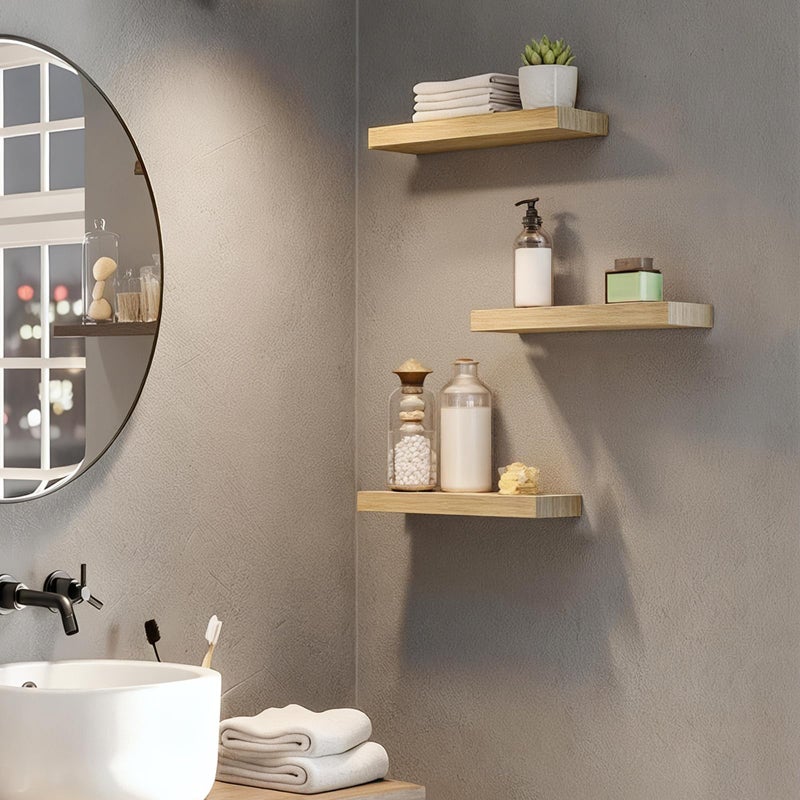 HOOBRO Floating Shelves for Wall, Wall Mounted Shelf Set of 2, 15.7" Hanging Shelf with Invisible Brackets, for Wall in Bathroom, Bedroom, Toilet, Kitchen, Living Room, Office, Natural NL40BJ01 - Image 3