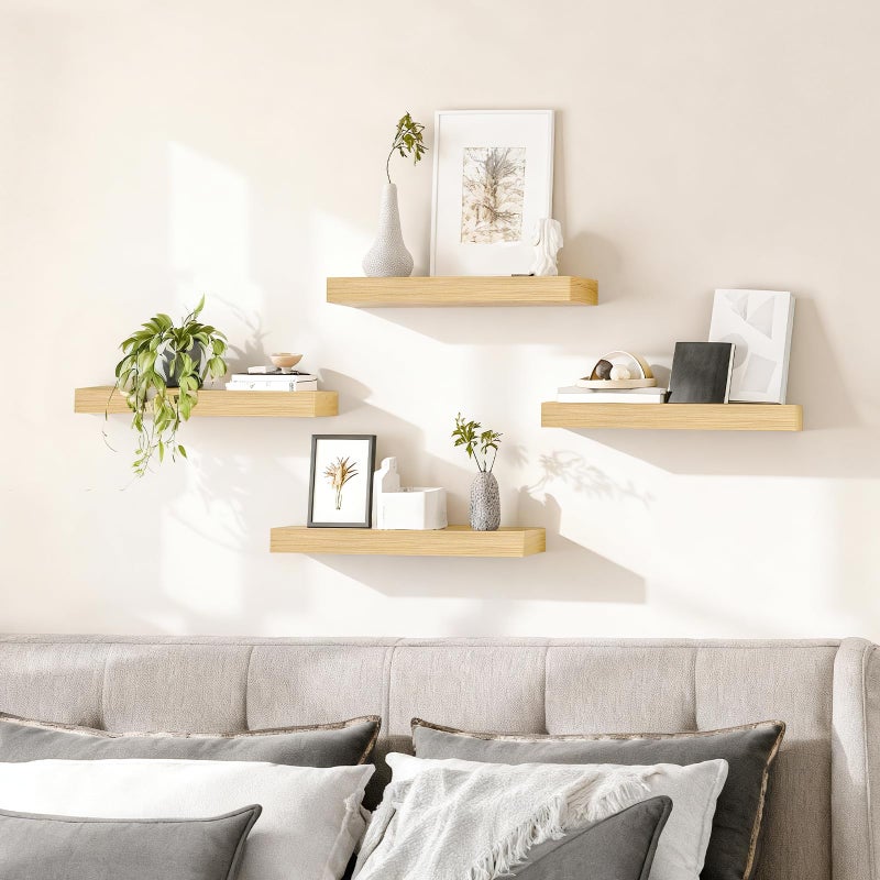 HOOBRO Floating Shelves for Wall, Wall Mounted Shelf Set of 2, 15.7" Hanging Shelf with Invisible Brackets, for Wall in Bathroom, Bedroom, Toilet, Kitchen, Living Room, Office, Natural NL40BJ01 - Image 4