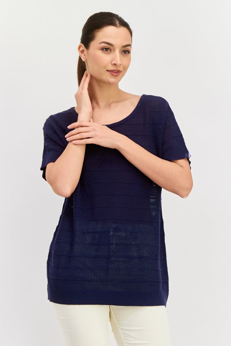 HALSTON Women Round Neck Short Sleeves Crochet Top, Navy - Image 1