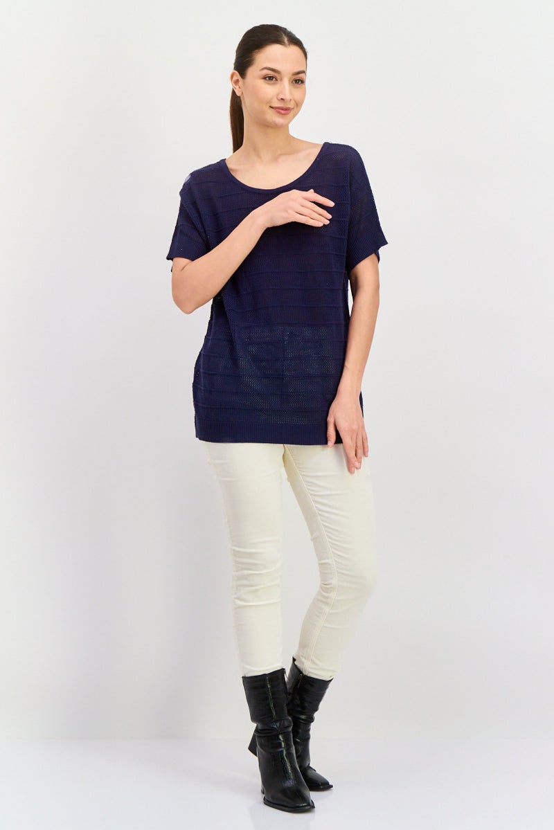 HALSTON Women Round Neck Short Sleeves Crochet Top, Navy - Image 2