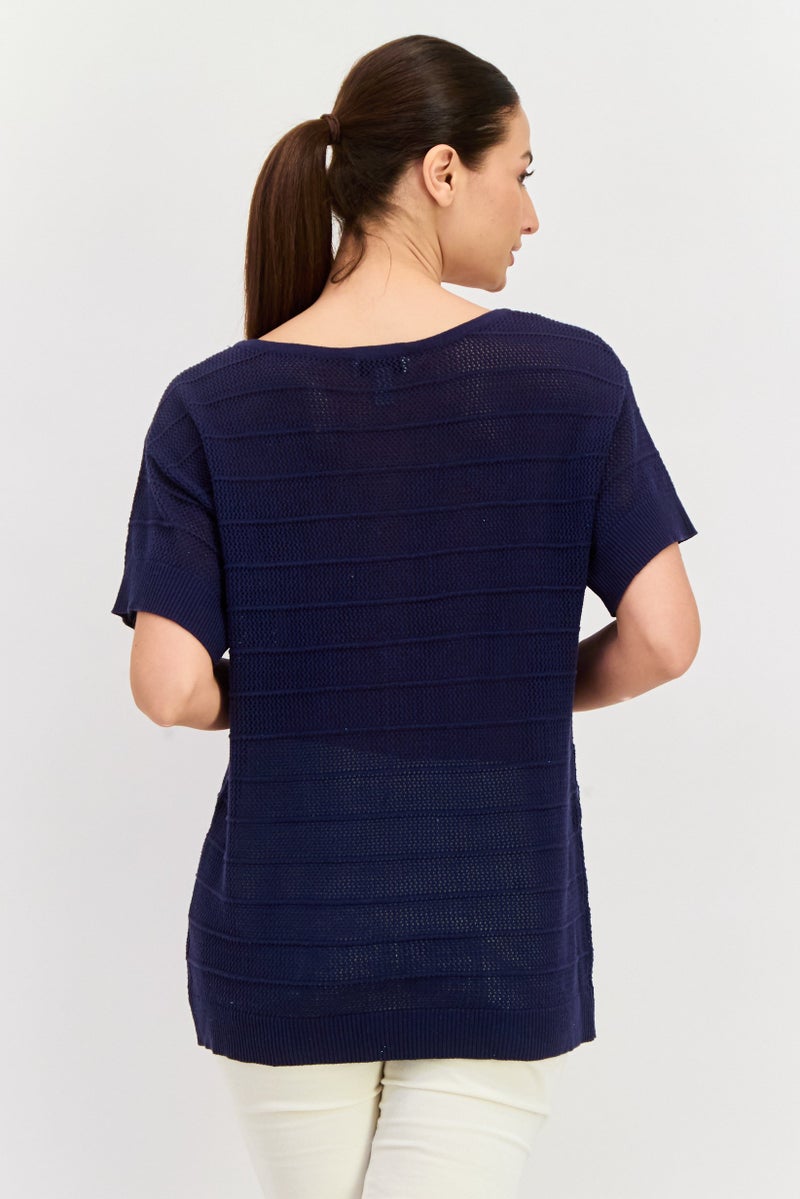 HALSTON Women Round Neck Short Sleeves Crochet Top, Navy - Image 2