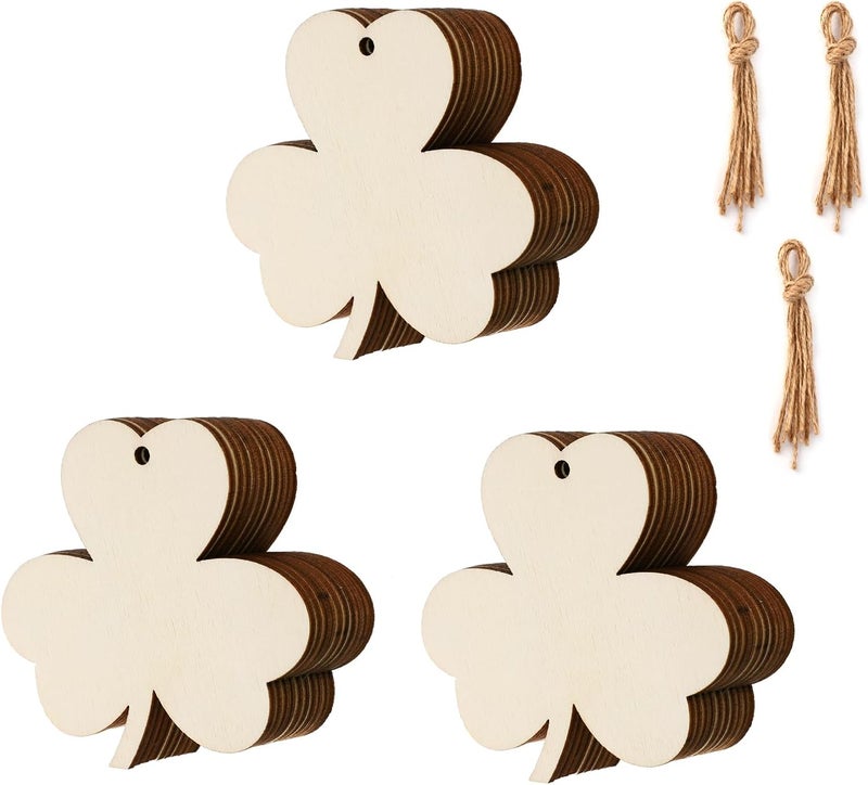 Tmflexe 30Pcs St. Patrick's Day Leaves Unfinished Paintable Blank Wooden Festival Decoration Lucky Clover Ornaments to Paint, Hanging Wood Slices for Kids DIY Art Crafts Home Farmhouse Spring Decor - Image 1