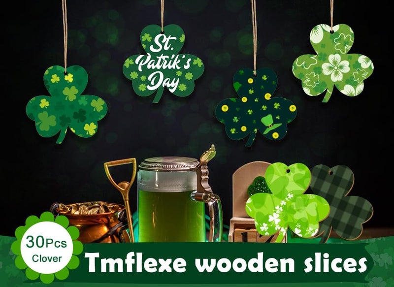 Tmflexe 30Pcs St. Patrick's Day Leaves Unfinished Paintable Blank Wooden Festival Decoration Lucky Clover Ornaments to Paint, Hanging Wood Slices for Kids DIY Art Crafts Home Farmhouse Spring Decor - Image 5