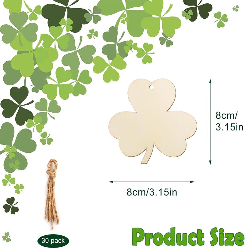 Tmflexe 30Pcs St. Patrick's Day Leaves Unfinished Paintable Blank Wooden Festival Decoration Lucky Clover Ornaments to Paint, Hanging Wood Slices for Kids DIY Art Crafts Home Farmhouse Spring Decor - Image 2