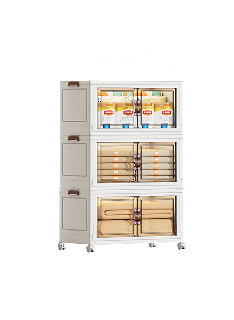 Ollieroo خزانة تخزين بلاستيكية قابلة للطي بثلاثة طبقات مع عجلات – منظم PP بأبواب مغناطيسية شفافة، تصميم قابل للتكديس وتوفير المساحة للمطبخ أو غرفة النوم أو غرفة المعيشة، 65 × 42 × 110.5 سم - Image 1