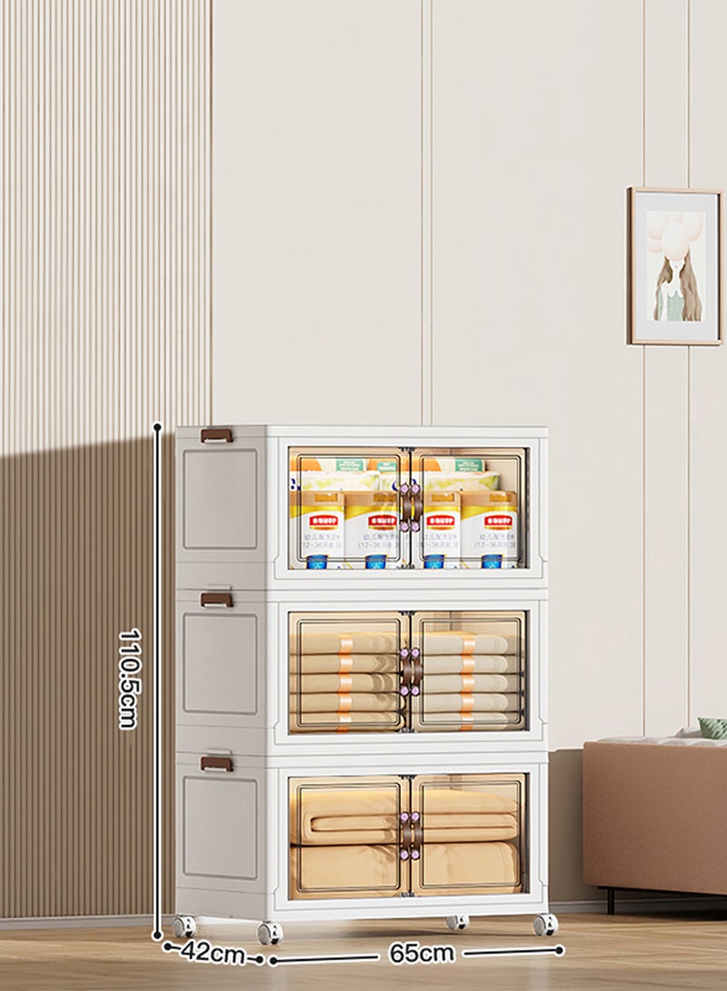 Ollieroo خزانة تخزين بلاستيكية قابلة للطي بثلاثة طبقات مع عجلات – منظم PP بأبواب مغناطيسية شفافة، تصميم قابل للتكديس وتوفير المساحة للمطبخ أو غرفة النوم أو غرفة المعيشة، 65 × 42 × 110.5 سم - Image 2