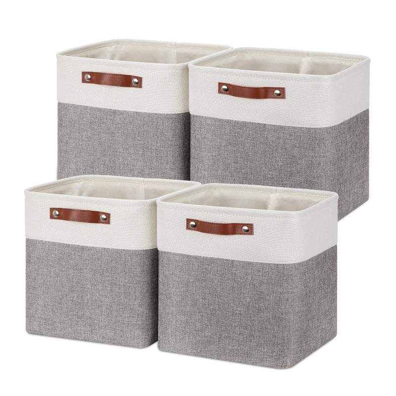 Temary 12 Inch Storage Baskets Foldable Fabric Storage Cubes 4PCs Storage Bins Organizer with Handles Baskets for Organizing Clothes Towels White  Grey 12 x 12 x 12