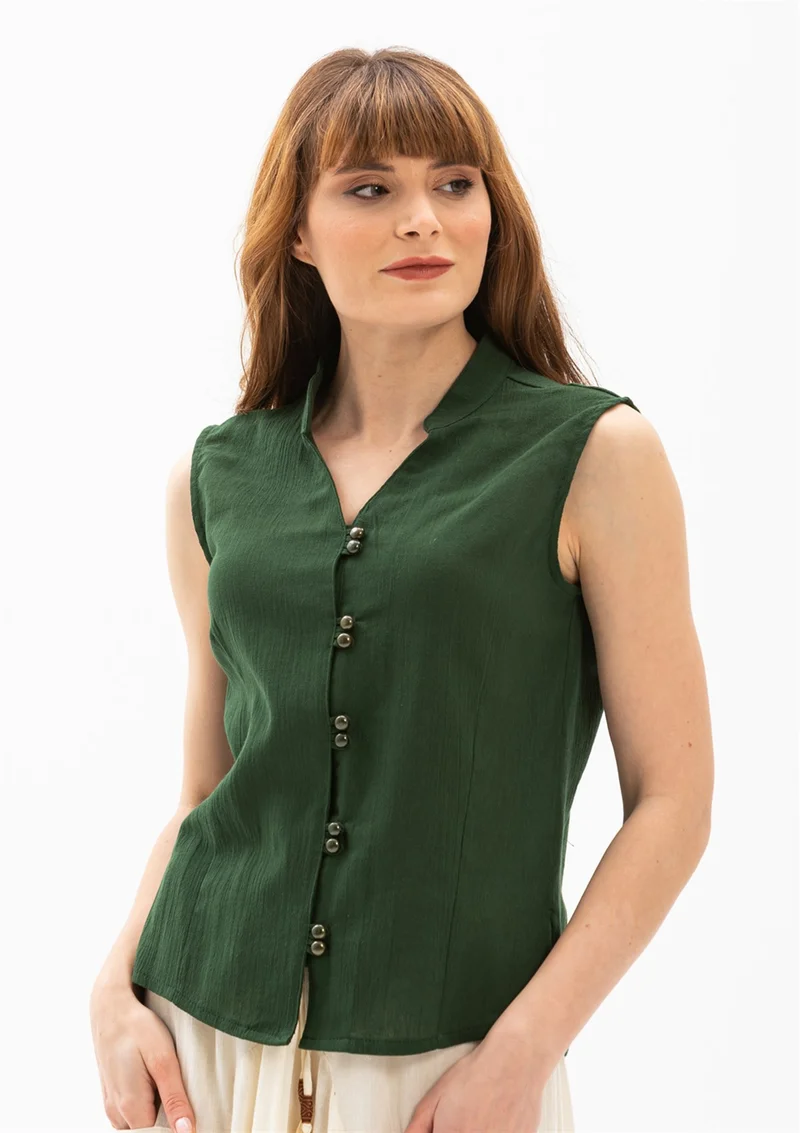 Eliş Şile Bezi Sleeveless Şile Cloth Desire Blouse Green Ysl