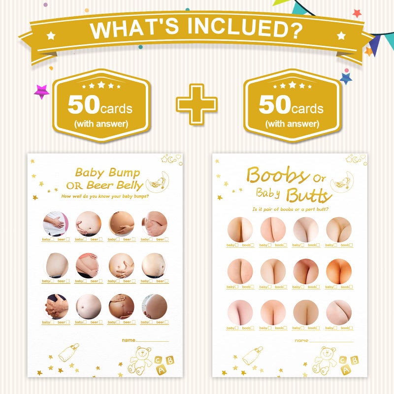 OLOUTAB Baby Shower Games for Boy or Girl-2 Games(50 of Each),Double-Sided,Thick Cardboard,Fun,Hilarious,and Easy to Play,with Answer Keys - Image 2