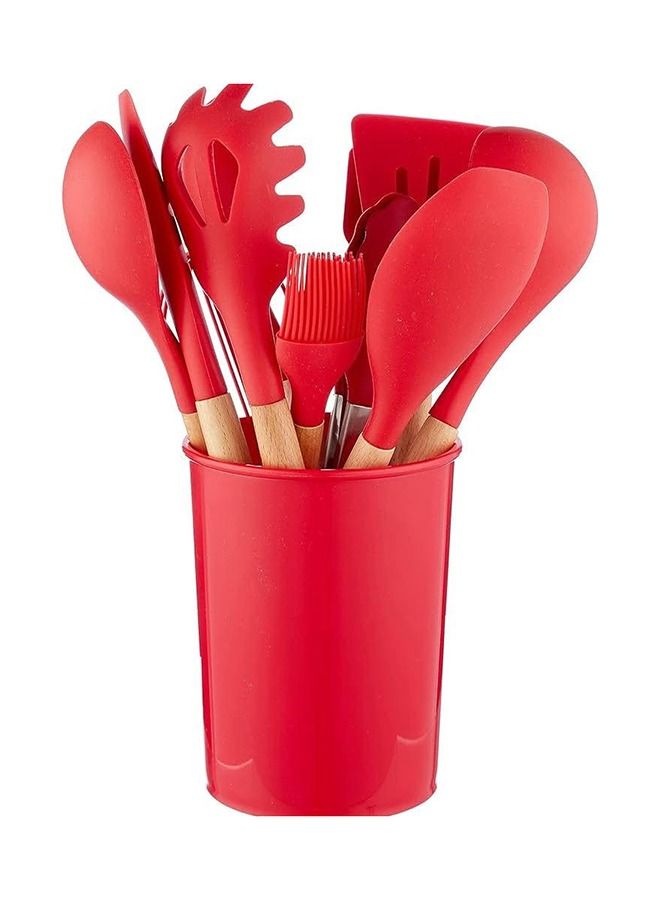 11- Piece Wooden Handle Non Stick Cookware Spoon Set Red - Image 1