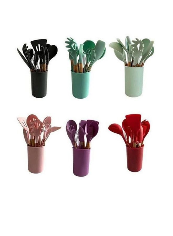 11- Piece Wooden Handle Non Stick Cookware Spoon Set Red - Image 3